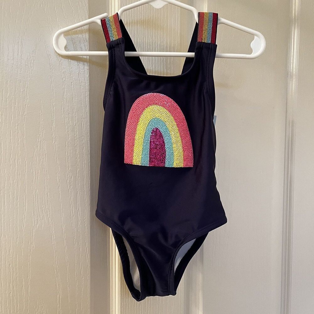 Cat & Jack One Piece Swimsuit Rainbow Sequin Navy Blue Girls Size 18 Months NWT